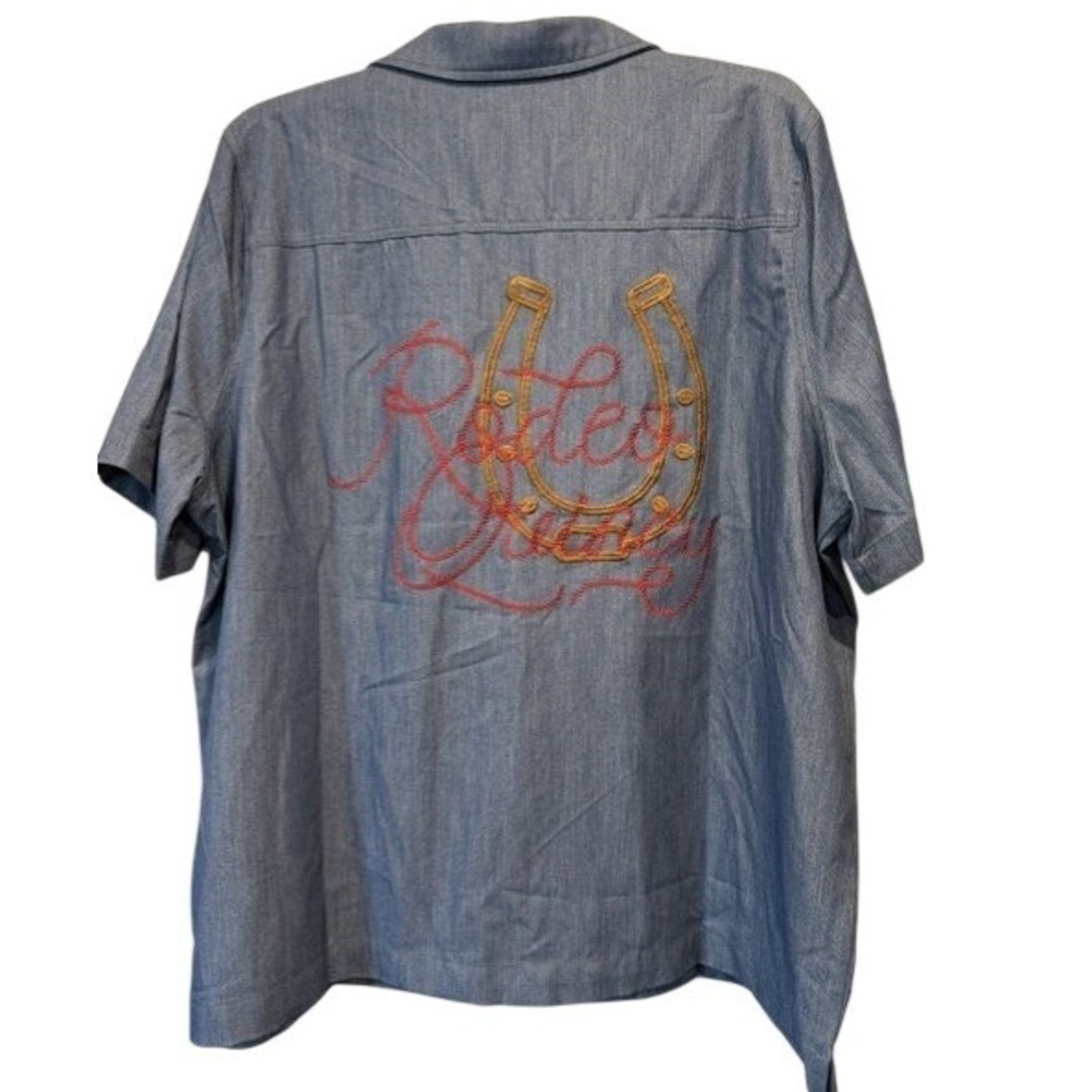 Rodeo Quincy Camarillo Plains Blouse 3XL Blue Embroidered Horseshoe Western